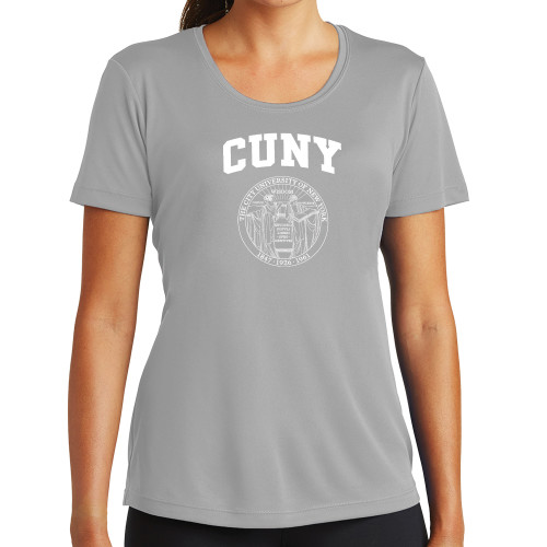 City University of NY Womens Grey Performance Short Sleeve Tee-Arched CUNY with Seal