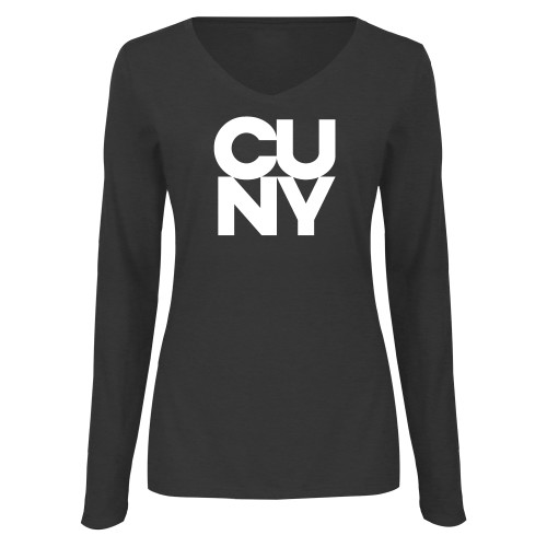 City University of NY Womens Dark Heather Long Sleeve V Neck Tee -Primary Mark