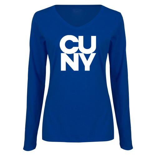 City University of NY Womens Royal Long Sleeve V Neck Tee -Primary Mark