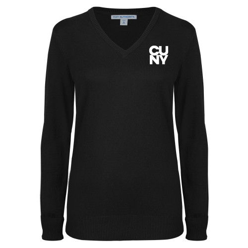 City University of NY Womens Black VNeck Sweater-Primary Mark