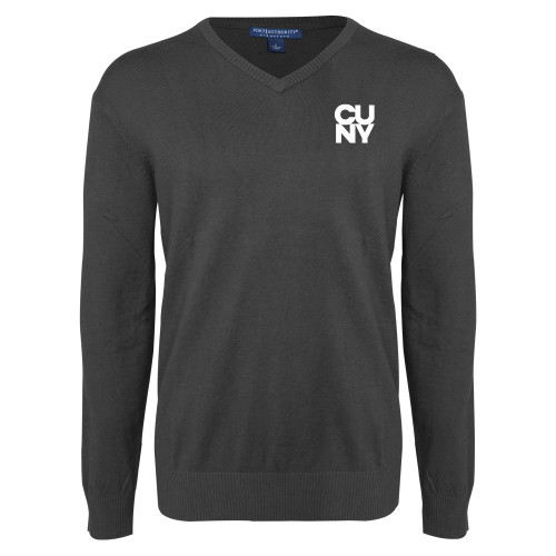 City University of NY Charcoal Heather VNeck Sweater-Primary Mark