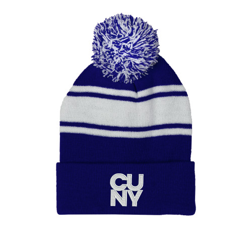City University of NY Royal/White Two Tone Knit Pom Beanie w/Cuff-Primary Mark