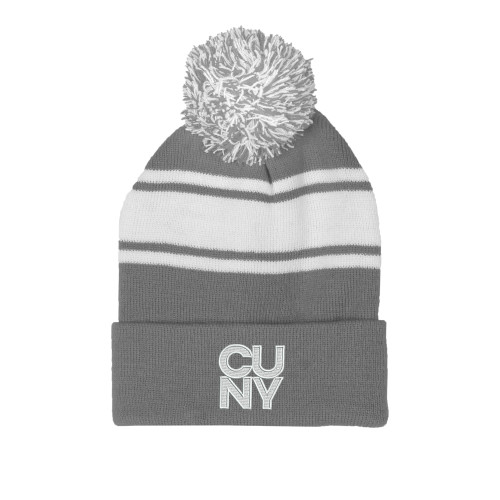 City University of NY Grey/White Two Tone Knit Pom Beanie w/Cuff-Primary Mark