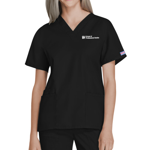 CUNY School of Prof Studies Womens Black WW Originals V Neck Scrub Top-CUNY SPS Two Line
