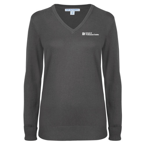 CUNY School of Prof Studies Womens Charcoal Heather VNeck Sweater-CUNY SPS Two Line