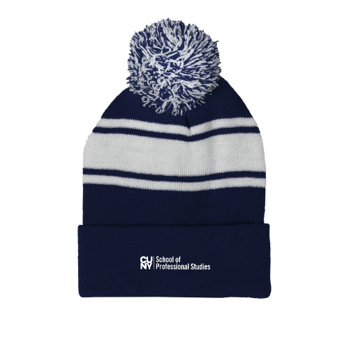 CUNY School of Prof Studies Navy/White Two Tone Knit Pom Beanie w/Cuff-CUNY SPS Two Line