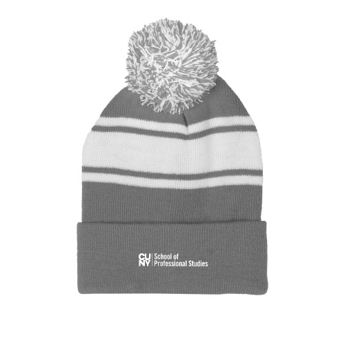 CUNY School of Prof Studies Grey/White Two Tone Knit Pom Beanie w/Cuff-CUNY SPS Two Line