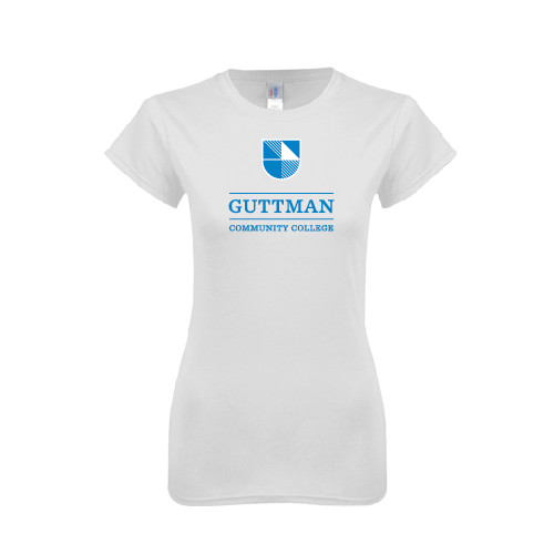 Community College Next Level Womens White Boyfriend Tee-Guttman Community College Striped Shield