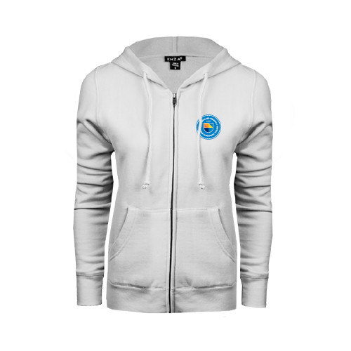 Community College ENZA Womens White Fleece Full Zip Hoodie-Circle Logo