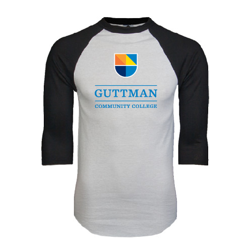 Community College White/Black Raglan Baseball T Shirt-Guttman Community College w/ Shield