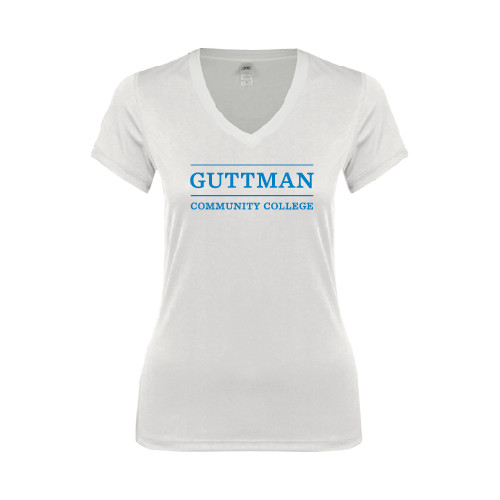 Community College Next Level Womens White Ideal V Tee-Guttman Community College Word Mark