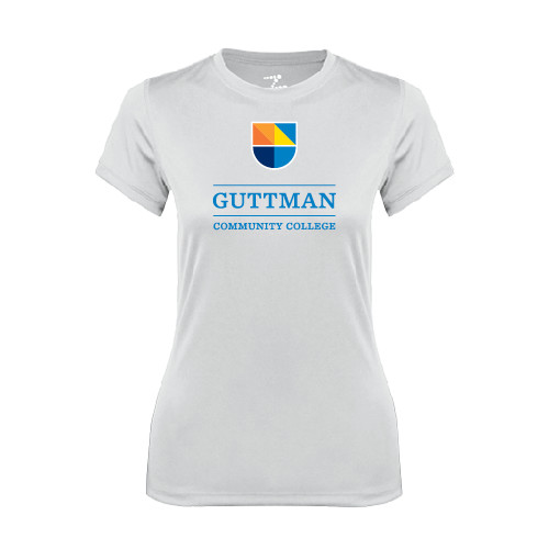 Community College Womens White Performance Tee-Guttman Community College w/ Shield
