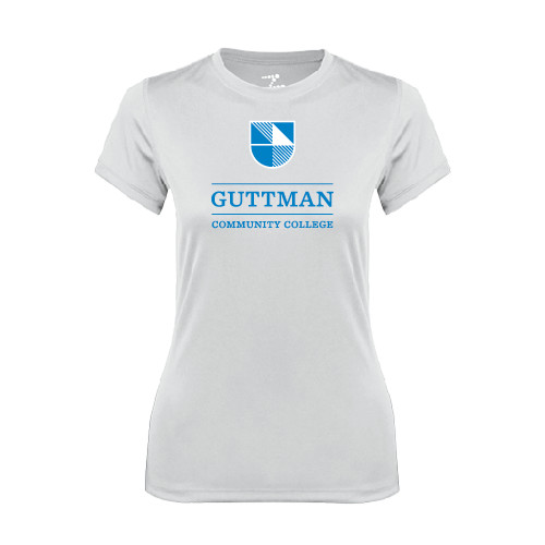 Community College Womens White Performance Tee-Guttman Community College Striped Shield