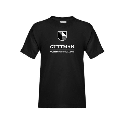 Youth Black T Shirt-Guttman Community College Striped Shield