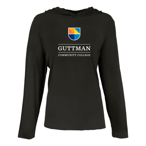 Womens Black Long Sleeve Hooded Tee-Guttman Community College w/ Shield