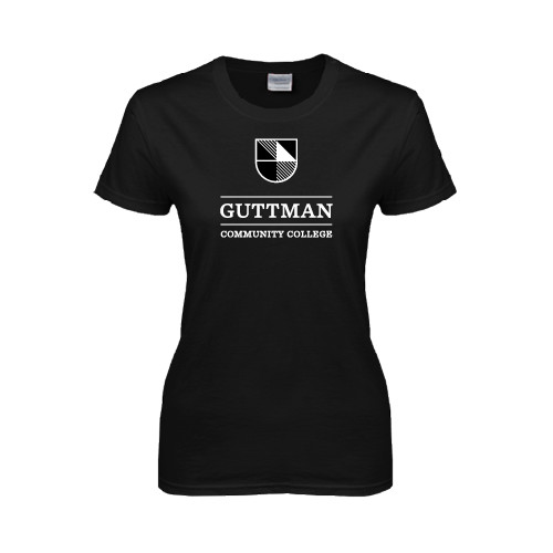 Community College Womens Black Short Sleeve Tee-Guttman Community College Striped Shield