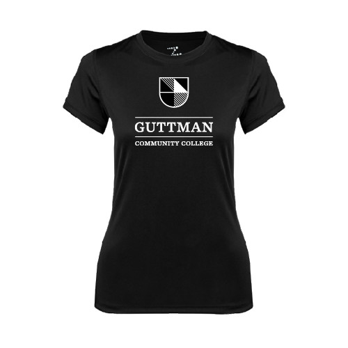 Community College Womens Black Performance Tee-Guttman Community College Striped Shield