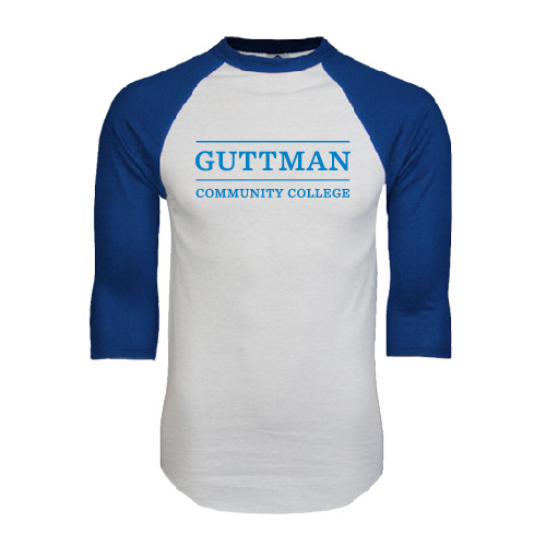 Community College White/Royal Raglan Baseball T Shirt-Guttman Community College Word Mark