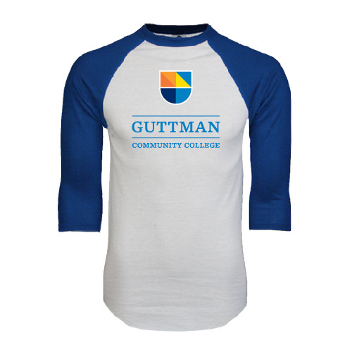 Community College White/Royal Raglan Baseball T Shirt-Guttman Community College w/ Shield