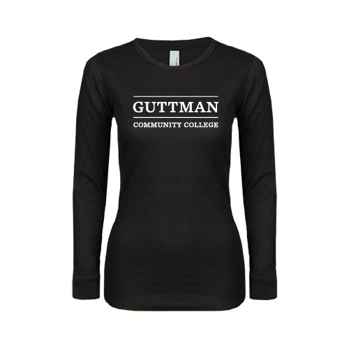Community College Womens Black Long Sleeve V Neck Tee -Guttman Community College Word Mark