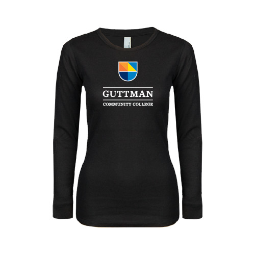 Community College Womens Black Long Sleeve V Neck Tee -Guttman Community College w/ Shield