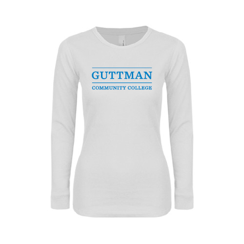 Community College Womens White Long Sleeve V Neck Tee-Guttman Community College Word Mark
