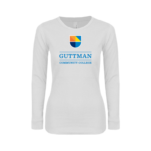 Community College Womens White Long Sleeve V Neck Tee-Guttman Community College w/ Shield