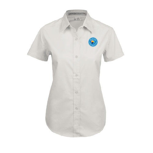 Community College Womens White Twill Button Up Short Sleeve-Circle Logo