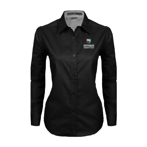 Community College Womens Black Twill Button Down Long Sleeve -Guttman Community College w/ Shield