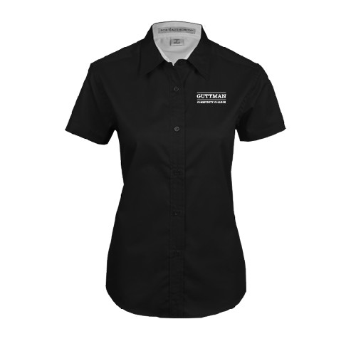 Community College Womens Black Twill Button Up Short Sleeve-Guttman Community College Word Mark