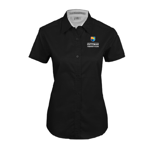 Community College Womens Black Twill Button Up Short Sleeve-Guttman Community College w/ Shield