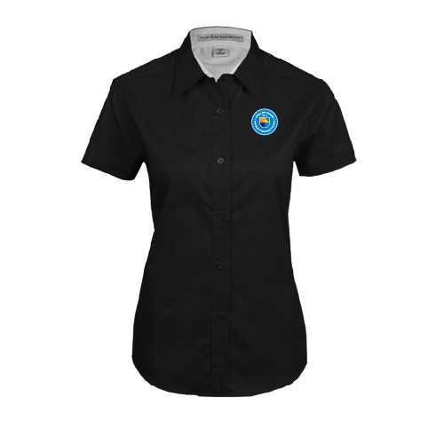 Community College Womens Black Twill Button Up Short Sleeve-Circle Logo