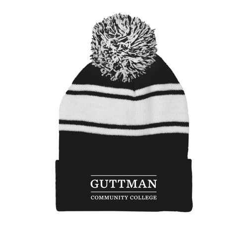 Community College Black/White Two Tone Knit Pom Beanie w/Cuff-Guttman Community College Word Mark