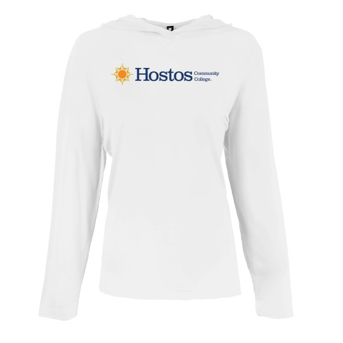 Womens White Long Sleeve Hooded Tee-Hostos Community College w/Sun Flat