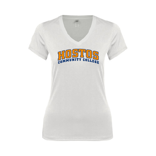 Community College Next Level Womens White Ideal V Tee-Hostos Community College Arch