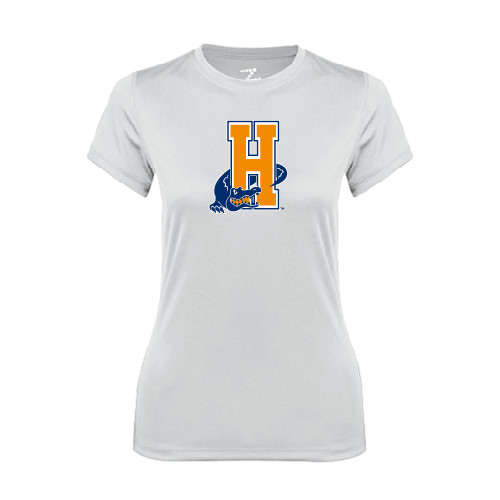 Community College Womens White Performance Tee-Hostos H w/Alligator