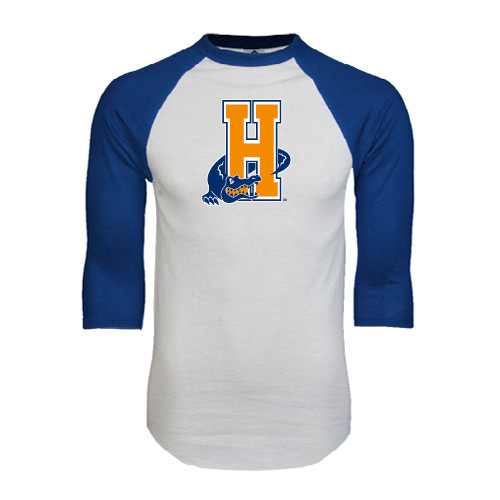 Community College White/Royal Raglan Baseball T Shirt-Hostos H w/Alligator