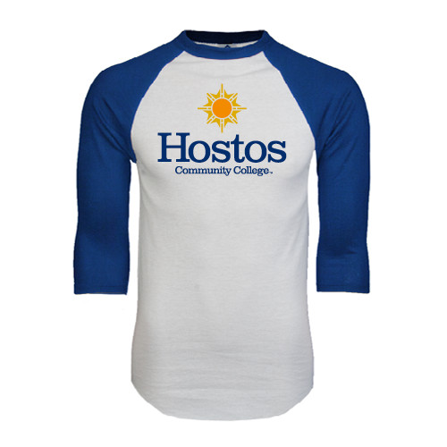 Community College White/Royal Raglan Baseball T Shirt-Hostos Community College w/Sun
