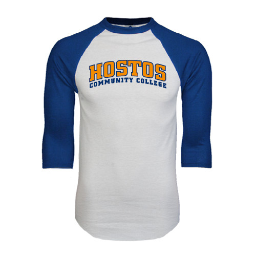 Community College White/Royal Raglan Baseball T Shirt-Hostos Community College Arch
