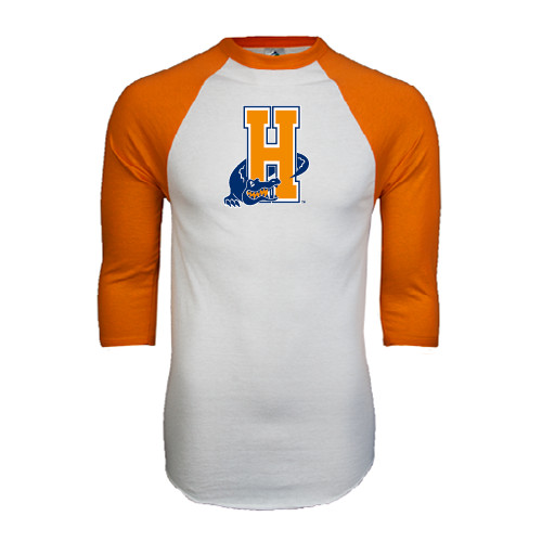 Community College White/Orange Raglan Baseball T Shirt-Hostos H w/Alligator