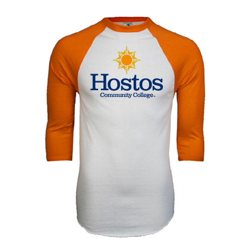 Community College White/Orange Raglan Baseball T Shirt-Hostos Community College w/Sun