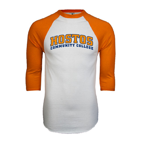 Community College White/Orange Raglan Baseball T Shirt-Hostos Community College Arch