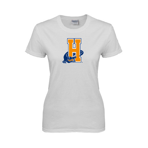 Community College Womens White Short Sleeve Tee-Hostos H w/Alligator