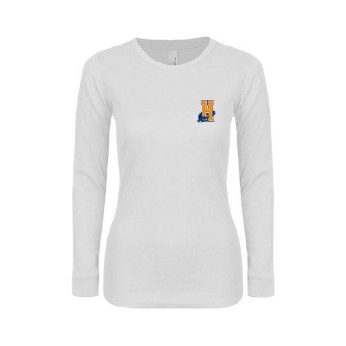 Community College Womens White Long Sleeve V Neck Tee-Hostos H w/Alligator
