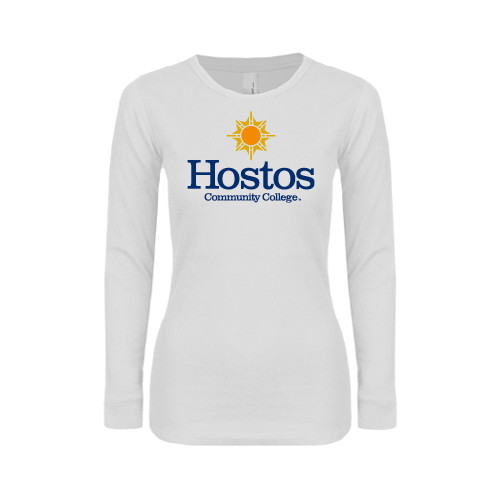 Community College Womens White Long Sleeve V Neck Tee-Hostos Community College w/Sun