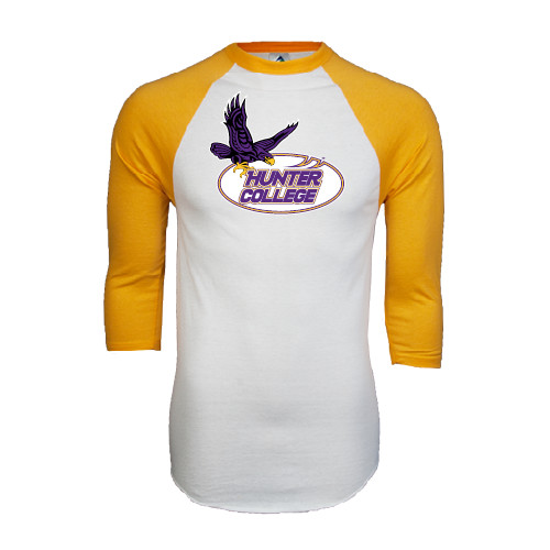 White/Gold Raglan Baseball T Shirt-Hunter College