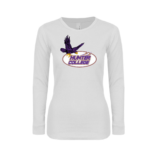 Womens White Long Sleeve V Neck Tee-Hunter College