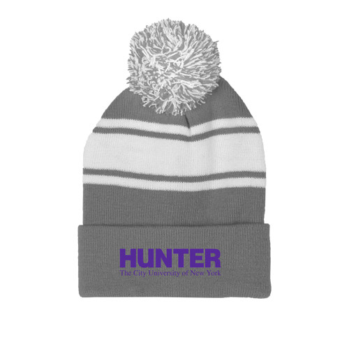 Grey/White Two Tone Knit Pom Beanie w/Cuff-Official Logo