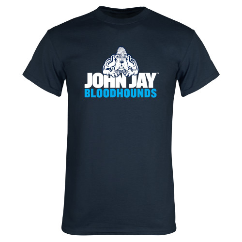 Navy T Shirt-John Jay College of Criminal Justice Bloodhounds with Bloodhound Mascot