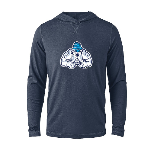 Navy Heather Long Sleeve Hooded Tee-John Jay College of Criminal Justice Bloodhound Mascot with Cyan
